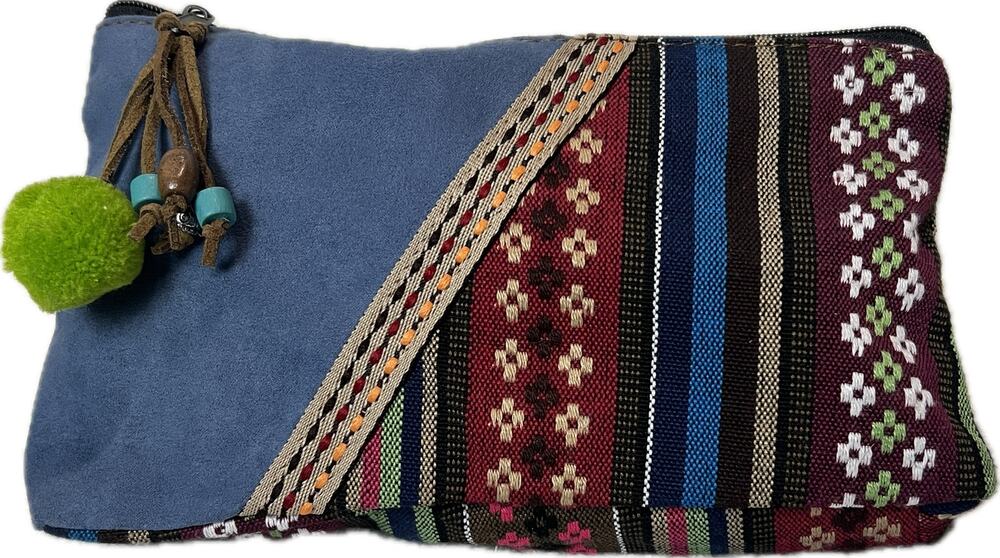 Boho Ultrasuede Embroidered Make-up Bag Beads Pom-pom